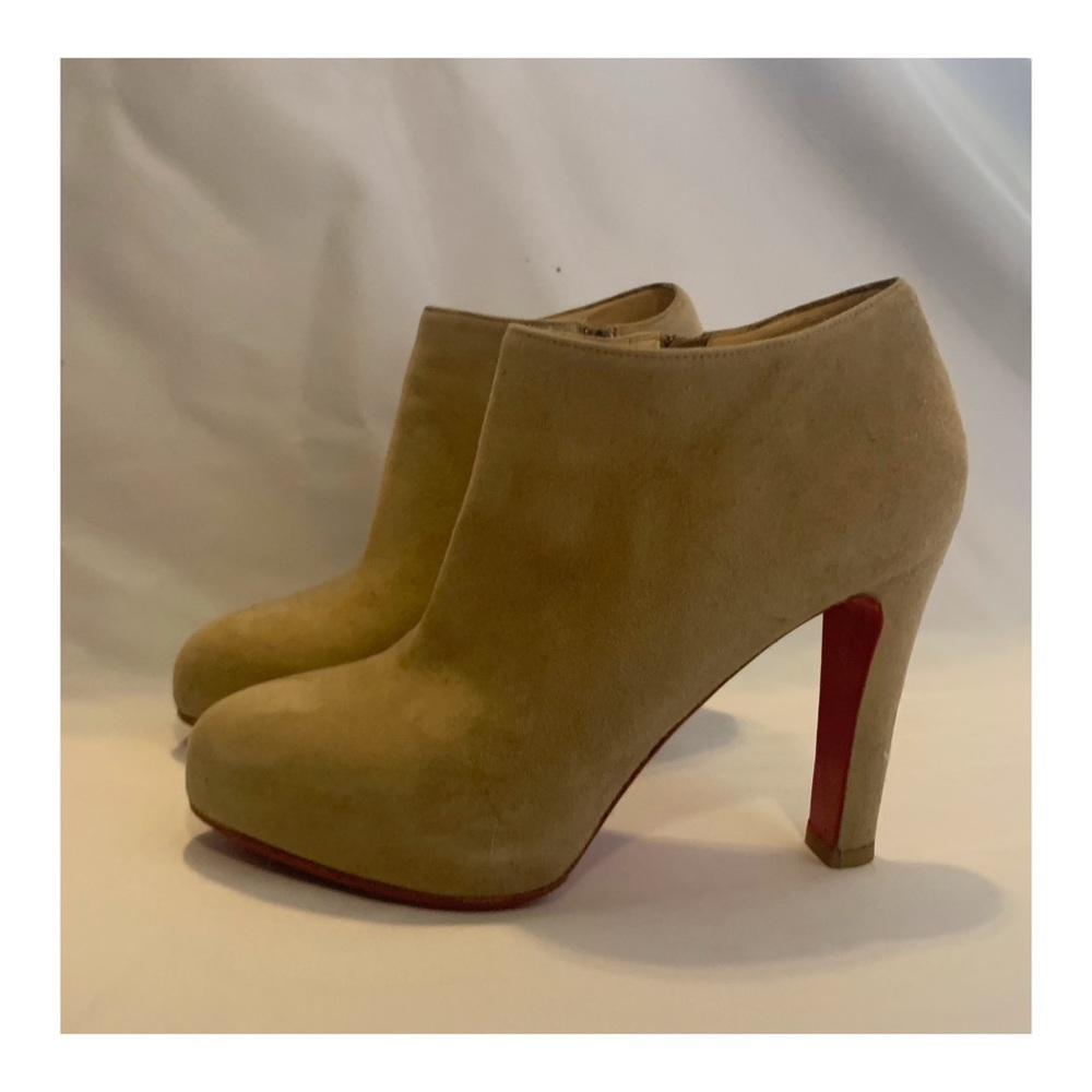 Christian Louboutin suede tan heel booties